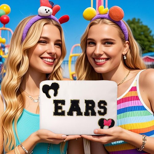 Dealkion Headband Holder Organizer Headband Storage Mouse Ear Holder Bag Hair Accessories Organizer Chenille Letter Makeup Bag Park Travel Essentials Gifts for Women