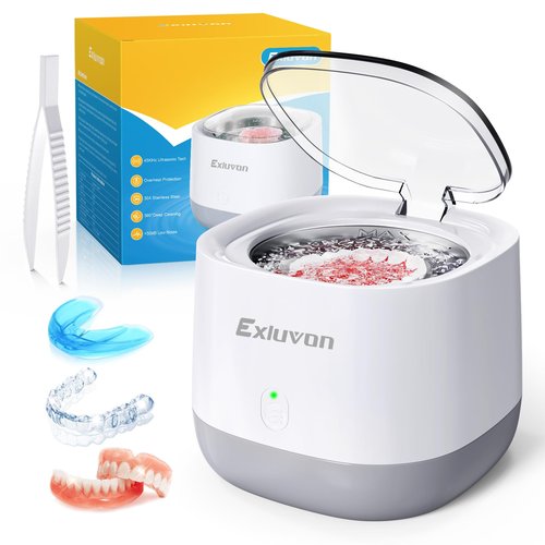 Exluvon Ultrasonic Retainer Cleaner 45kHz, 250ML Portable Jewelry Cleaner, Professional Retainer Cleaner Machine for Denture, Mouth Guard, Aligner