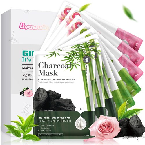Liyawudo Centella hydrating face masks Set (9 Pack) – Hydrating Face Masks with Green Tea, Sakura & Charcoal | Moisturizing Facial Masks for Women | Sensitive & All Skin Types