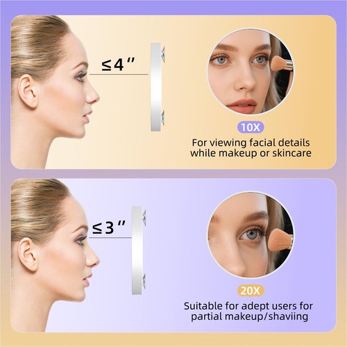 FUNTOUCH Travel Magnifying Mirror Set,10X/20X Small Magnifying Mirrors with Suction Cup,4.1 Inches Compact Magnified Mirror for Detail Makeup(White),2PCS