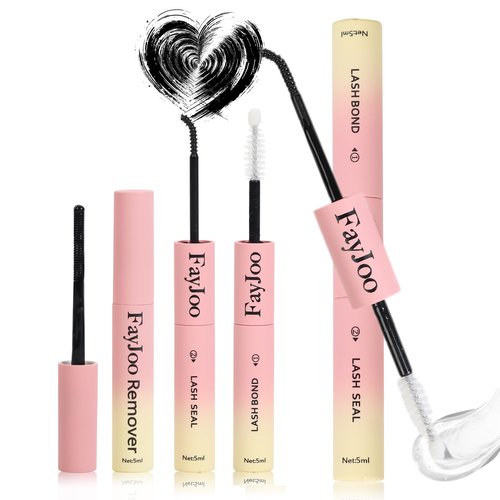 FayJoo Eyelash Adhesive Long Lasting Up to 5 Days, Strong & Flexible Hold Glue for Eyelash Extensions, Hypoallergenic, Waterproof & Quick-Dry, 3 in 1 Bond & Seal & Remover for Lash Cluster(5ml Each)