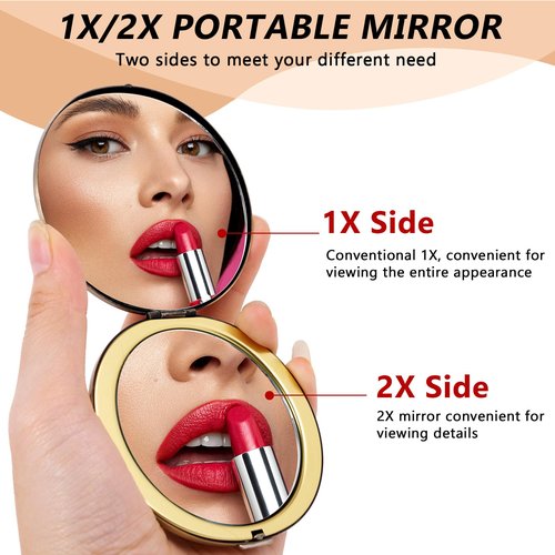 EYIWEITING Oval Mini Portable Metal Folding Mirror, Beautiful and Elegant, Sturdy and Durable, 1X/2X Magnifier. (Oval Pattern Bronze)