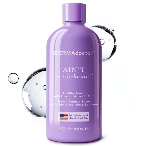 DERMAdoctor Ain't Misbehavin' Dermatologist Formulated Clarifying and Hydrating Toner with Glycolic Acid & Lactic Acid; For Oily and Acne Prone Skin, Pore Minimizer for Face and Body - 6 fl oz