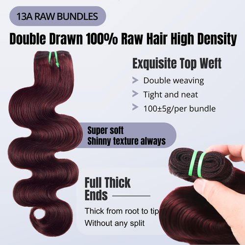 HERMOUS 13A Double Drawn 99J Dark Burgundy Human Hair Bundles Body Wave, Double Lifespan Than Regular Bundle Keep Silky & Soft After Washes Colored #99J Wine Single Bundles Raw Hair Quick Weave 12 IN