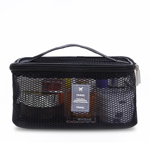 DALINEEYI Mesh Makeup Bag, Breathable Cosmetic Bags with Zipper, Travel Lightweight Make Up Organizer Mesh, Toiletry Bag with Handle for Women Girls Gift, Black