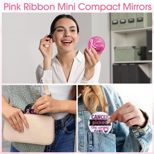 Amylove 40 Pcs Breast Cancer Gifts for Woman, 20 Breast Cancer Awareness Makeup Bags and 20 Pink Ribbon Compact Mirrors Care Gifts for Survivors Patients