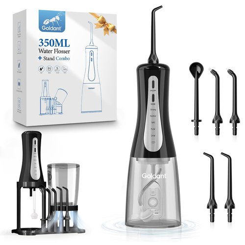 GOLDANT 2026 New 350ML Water Flosser with Drainage & Storage Stand, Keeps Dry & Clean, 5 Modes, 360°Nozzle, Cordless Rechargeable, IPX7 Waterproof, Portable for Home & Travel (Black)
