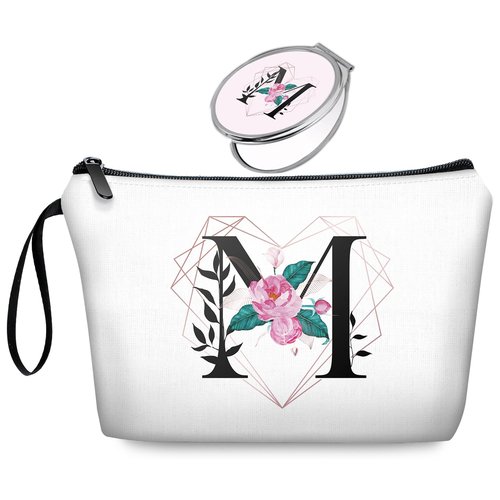 Personalized Initial M floral Travel Makeup Cosmetic Bag set with Mirror for women girls,Bride Bridesmaid White Ietter Makeup Bag organizer kit for Travel & Daily Use,Initial Gifts for Girls Friends