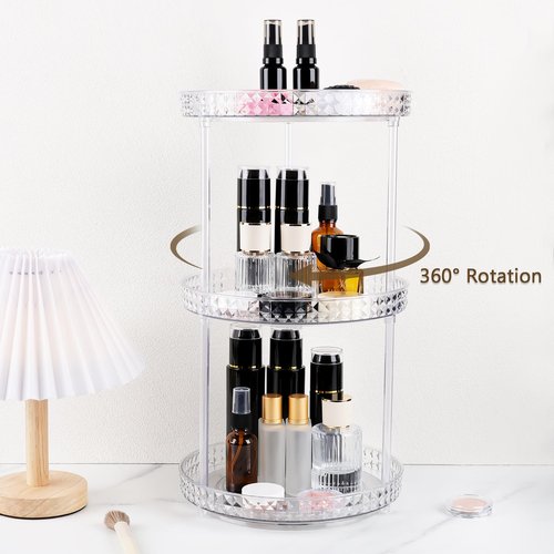 Runivor 360 Clear Rotating Makeup Organize for Vanity,3 Tiers Lazy Susan with Diamond Pattern, Large-Capacity Skincare Organizers Cosmetic Display Case Organizer for Dresser (Clear White, 3Tiers)