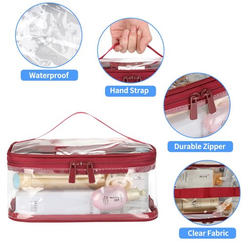 HAOGUAGUA 2 Pieces Clear Makeup Bags Cosmetic Toiletry Bags for Traveling, Waterproof Travel Transparent TSA APPROVED Carry On Airport Airline Compliant Bag (2 PIECES RED)