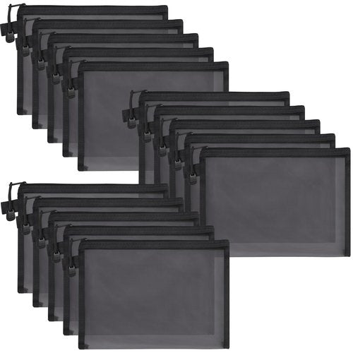 Tivcck 15 Pcs Mesh Zipper Pouch Bags, Nylon Travel Bags, Makeup Pouches for Organizing (Black, 9.5 x 7.5 Inch)