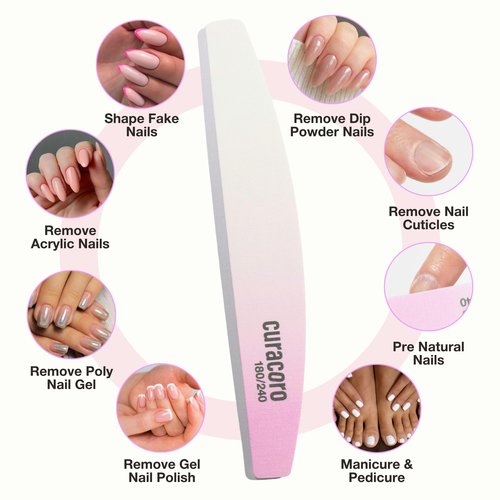Curacoro 10 PCS Nail File - Professional Half-Moon Nail Files Double Sided Emery Board (180/240 Grit), Washable Nail Files and Buffers, Smooths & Shapes Nails, Manicure & Pedicure Buffing Tools