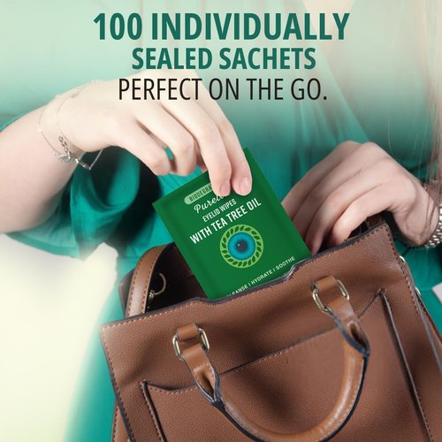 PURELID 100PCs Tea Tree Eyelid Wipes – Cleaning Eye Wipes for People with Dry Eyes & Allergies – Gentle Eyelid Cleanser with Hyaluronic Acid, Chamomile and Aloe – Individually Wrapped & Biodegradable