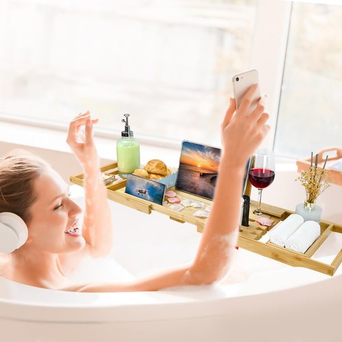 Bathtub Tray - Luxury Bamboo Bathtub Tray for Bath Accessories, Expandable Bath Caddy with Wine Glass Holder, for Her, Anniversary, Spa and Relaxation