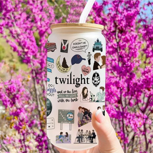 LONGXIN Twilight Vampire Lover Iced Coffee Cup - 16 oz Glass with Lid & Straw for Movie Fans
