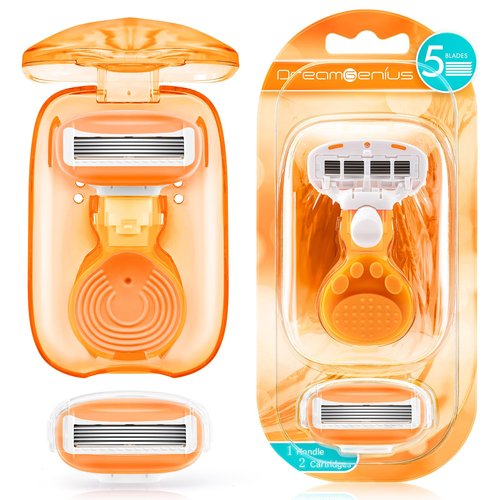 DreamGenius Travel Razors for Women Include 1 Handle and 2 Cartridges, Extra Smooth 5-Blade Travel Essentials Razor with Case for Shaving, Orange