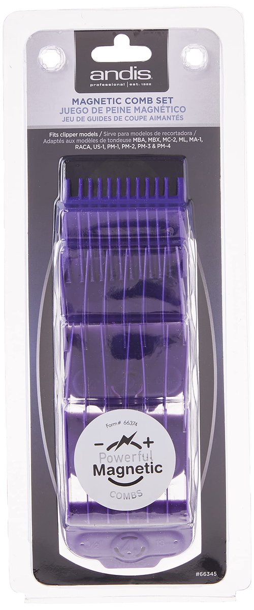 Andis 66345 Nano-Silver Magnetic Attachment 5 Combs with Long-Lasting Performance - Sizes 6", 8", 4", 3/8", 2", Provide Professional Haircuts and Styles – Purple