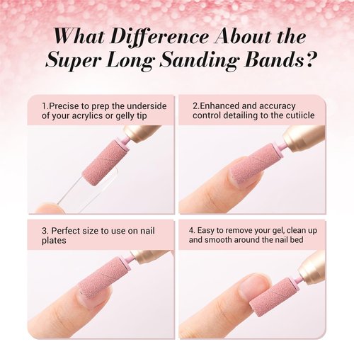 MelodySusie 50 Pcs Nail Drill Bits Super Long Sanding Bands with 6.65mm Crystal Mandrel Bit, 180 Fine Grit Nail File for Acrylic Nails Gel Manicures and Pedicure, Pink