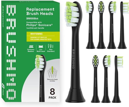 Brushmo Whitening Toothbrush Heads - Compatible with Philips Sonicare DiamondClean HX6062/65 | 8 Pack, Black