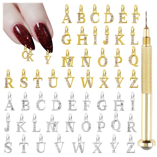Kalolary Letter Dangle Nail Charm for Valentine's Day, 3D Piercing Alphabet Rhinestone Alloy Jewelry Hoops with Nail Piercing Tool Hand Drill for Birthday Nail Art Decoration