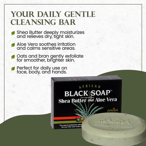 Madina African Black Soap Bar – Shea Butter, Aloe Vera, Moisturizing, Gentle Exfoliating, 100% Vegetable-Based, For All Skin Types, Face & Body Cleanser, 6 Pack (3.5 oz Each)