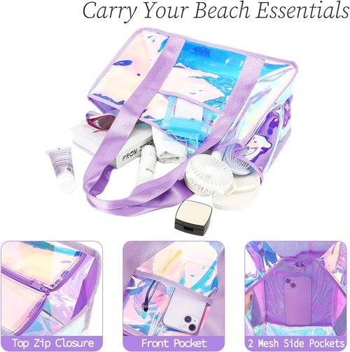 Fammart Iridescent Clear Beach Bag - Waterproof Jelly Tote for Women | Perfect for Pool & Vacation Essentials