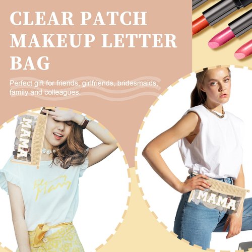 Iqimott Clear Patch Makeup Letter Bag, Boho Letter Bag for Beach Swim, Waterproof Zipper Make up Bags Toiletry Pouch for Women Girls, Clear Letters Patch Cosmetic Bags for Travel(Mama, Beige)