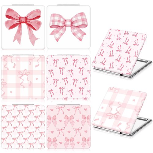 Geelin 6 Pcs Coquette Pink Bow Compact Mirror Bulk for Purse Small Pocket 1X/2X Magnifying Portable Makeup Double Sided Travel Mirror Aesthetic Preppy Gift for Women Girl Bridal Shower Party (Square)