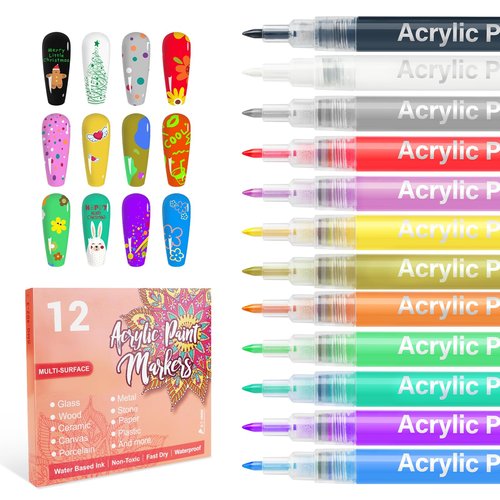 LKE 12 Colors Nail Art Pens Set, 0.7 MM Nail Art Markers for Drawing, Dotting & Liner, Quick Dry Acrylic Paint Pen for Nail Design, Home Salon Manicure DIY Tools (12 Colors Set)