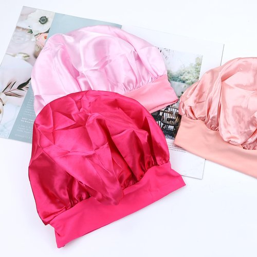 Lawie 8 Pack Colors Satin Lined Silky Sleeping Bonnets Shower Caps Curly Long Hair Protector Night Large Adjustable Wide Brim Band Sleep Hats Hair Wraps for Women Girls (Feminine Colors)