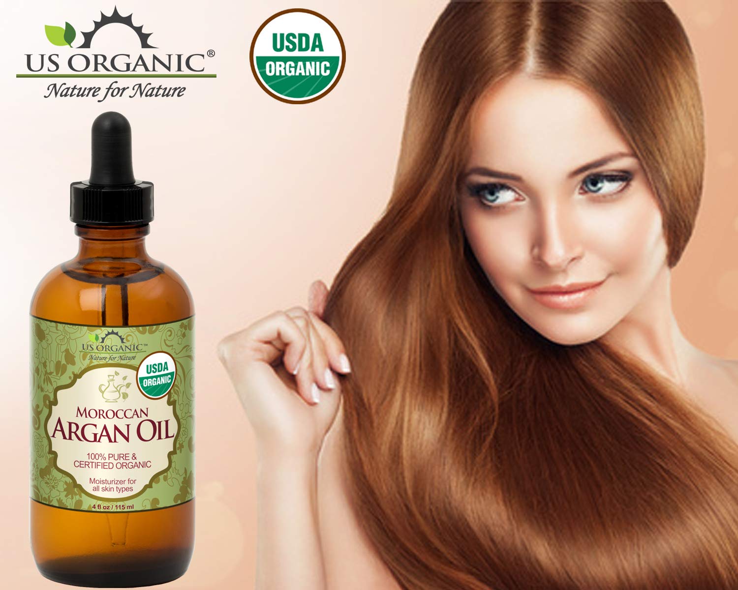 US Organic Moroccan Argan Oil - 100% Pure Cold-Pressed Virgin Oil for Hair, Skin & Nails | 4 oz Amber Bottle