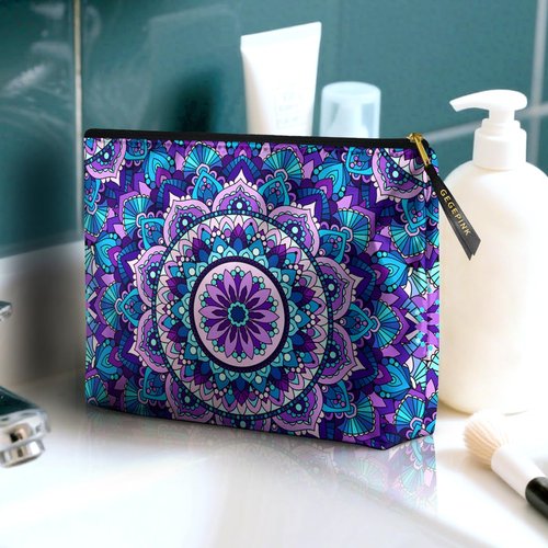 GEGEPINK Cute Makeup Bag for Purse Waterproof Cosmetic Bags for Women Funny Smooth Zipper Travel Toiletry Pouch 10X8 Inches-Purple Mandala Makeup pouch