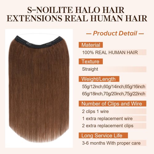 Halo Hair Extensions Real Human Hair,S-noilite 100% Human Hair Halo Extensions,Halo Hair Extension for Women, Halo Hair Extensions,04 Medium Brown 65g/16inch