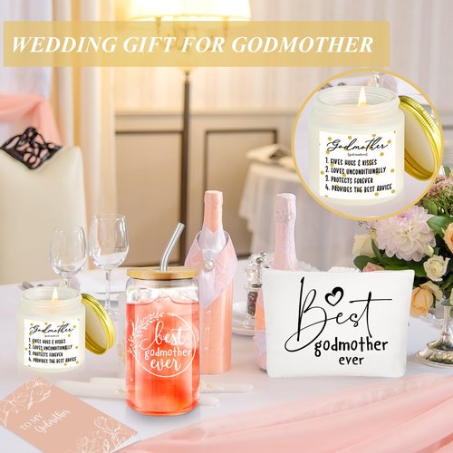 Nuanchu 5 Pcs Best Mom Gifts Sets 16OZ Glass Cup with Bamboo Lids and Straw Makeup Bag Scented Candles Greeting Card Mother's Day Gift Box from Daughter Son(Godmother)