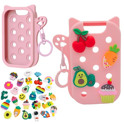 Frezonika Hand Sanitizer Case with 30 Charms for Touchland, Compatible with Power Mist 1 FL Oz/30ML, Croc-Style Touchland Holder (Cute Pink Food Charms)