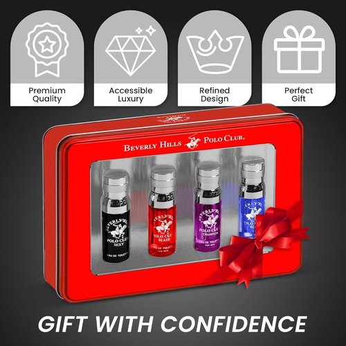 Beverly Hills Polo Club Men's Cologne Gift Set - 4 Premium Scents in Deluxe Tin Box | Ideal Travel Collection