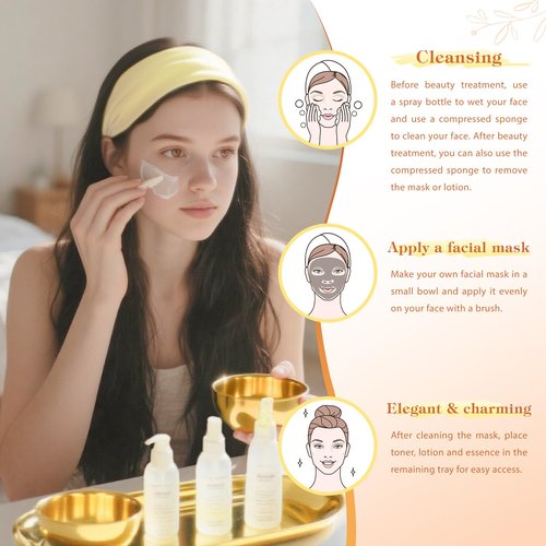 31 Pcs Esthetician Supplies for Facials,4 Gold Esthetician Bowls 4 Fan Brushes Esthetician Large Gold Serving Bowls 12 Compressed Facial Sponge 4 Spa Headbands 4 Flat Brushes for Women Face Cleansing