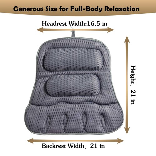 Bath Pillows for Tub, Full-Body Relaxation with Head, Neck & Shoulder Support, Ergonomic Design, 10 Suction Cups, Breathable 4D Air Mesh (Grey)