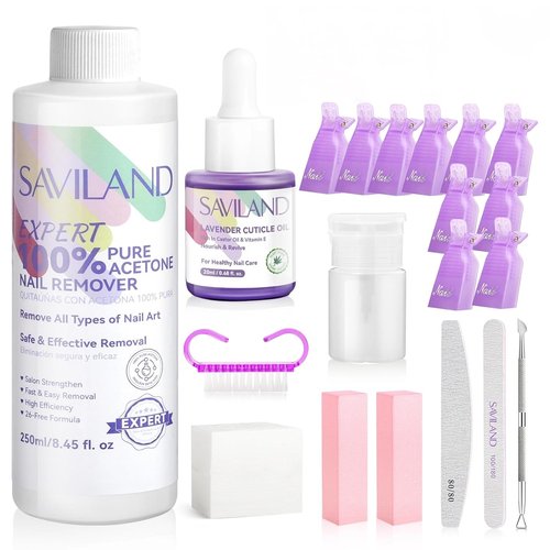 SAVILAND Pure Acetone Nail Polish Remover Kit - Fast & Easy Gel Polish Removal with Tools & Cuticle Oil | 8.45 FL Oz