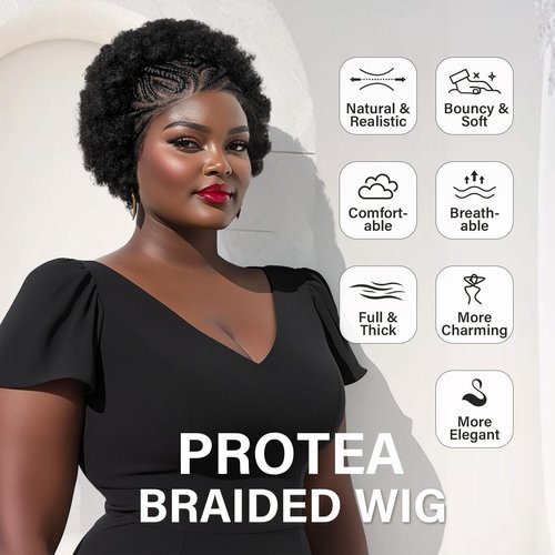 PROTEA Afro Braids Wigs, Hand Braided Synthetic Lace Front Box Braided with Baby Hair for Women, Lace Frontal Wigs for Women, 10 Inch #1B