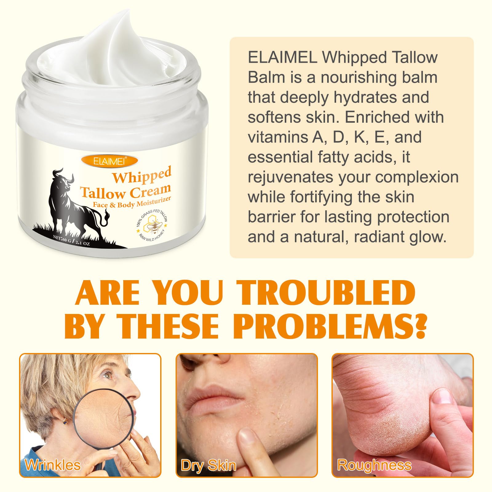 ZIXAOK Grass-Fed Tallow & Raw Honey Balm | Whipped Skin Cream for Face & Body | Soothes & Repairs Dry, Sensitive Skin | Organic, All-Natural Deep Hydration (2.1 oz)