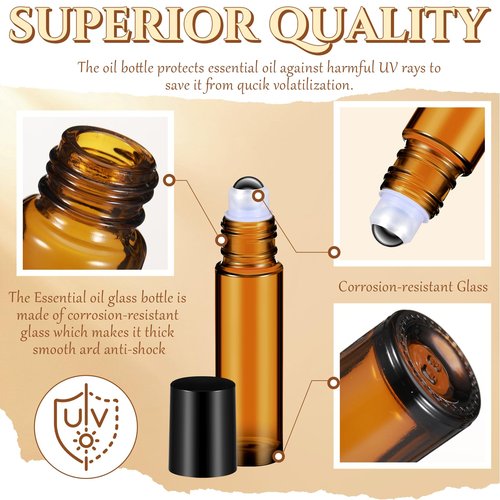 Domensi 30 Pcs Essential Oil Bottles, 10 ml Glass Bottle with Stainless Steel Roller Ball and Cap for Travel, Perfume, Lip Balm, 2 Funnels, 0.5 ml Dropper(Amber)