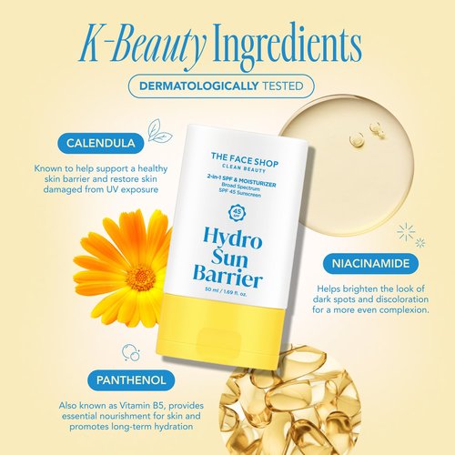 THE FACE SHOP Hydro Sun Barrier Moisturizer SPF 45, Daily Hydrating Facial Sunscreen & Moisturizer, for Oily Skin, Formulated with Calendula & Niacinamide, No White Cast, 1.69 Fl. Oz.