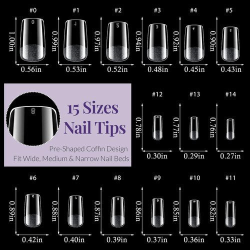 AddFavor Medium Square Nail Tips, 480pcs Soft Gel Nail Tips Square Shape Clear Fake Nails Full Cover Acrylic Nails Tips for Extensions Manicure Home DIY 15 Sizes