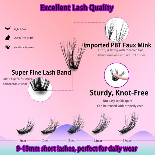 DAODER Wispy Lash Extension Kit 640Pcs Cluster Lashes Natural Look, Short Lash Clusters Kit 9-13mm 30D 40D 50D 60D D Curl Individual Lashes Kit with Lash Bond Seal Remover(30D+40D+50D+60D Kit 9-13mm)