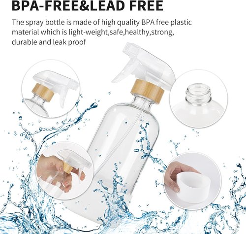 HOMBYS Bamboo Glass Spray Bottles - 17 oz Refillable Clear Containers with Silicone Sleeve Protection | Ideal for Cleaning, Essential Oils, and Misting Plants