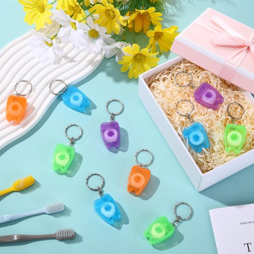 Landical 50 Pcs Mini Dental Floss Keychain Bulk Tooth Shaped Portable Floss Cleaning for Travel Homeless Donated Gifts Teeth Cleaning Oral Care 15 M /16.4 Yard (Multicolor)