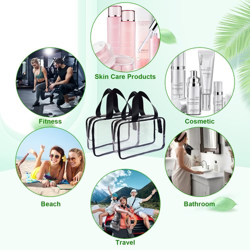 Merkaunis 10 Pack 12 x 9 inch Large Clear Makeup Cosmetic Organizer Bag with Handle PVC Plastic Toiletry Pouches with Zipper Transparent Makeup Bag, Plastic Tote Bags for Beach, Traveling