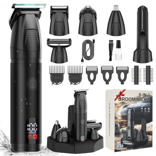 Bomxin 6-in-1 Men's Grooming Kit, Cordless Beard Trimmer & Hair Clipper for Men with Nose Hair Trimmer & Mustache Trimmer Attachments, Waterproof USB Rechargeable Personal Care Set, Gifts for Men