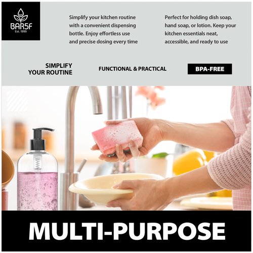 Bar5F Plastic Bottles with Pump Dispenser, 12 oz | Leak Proof, Empty, Clear Refillable, BPA Free for Body Wash, Moisturizer, Face Cream, Liquid Soap | Black & White Pumping Caps | Set of 2